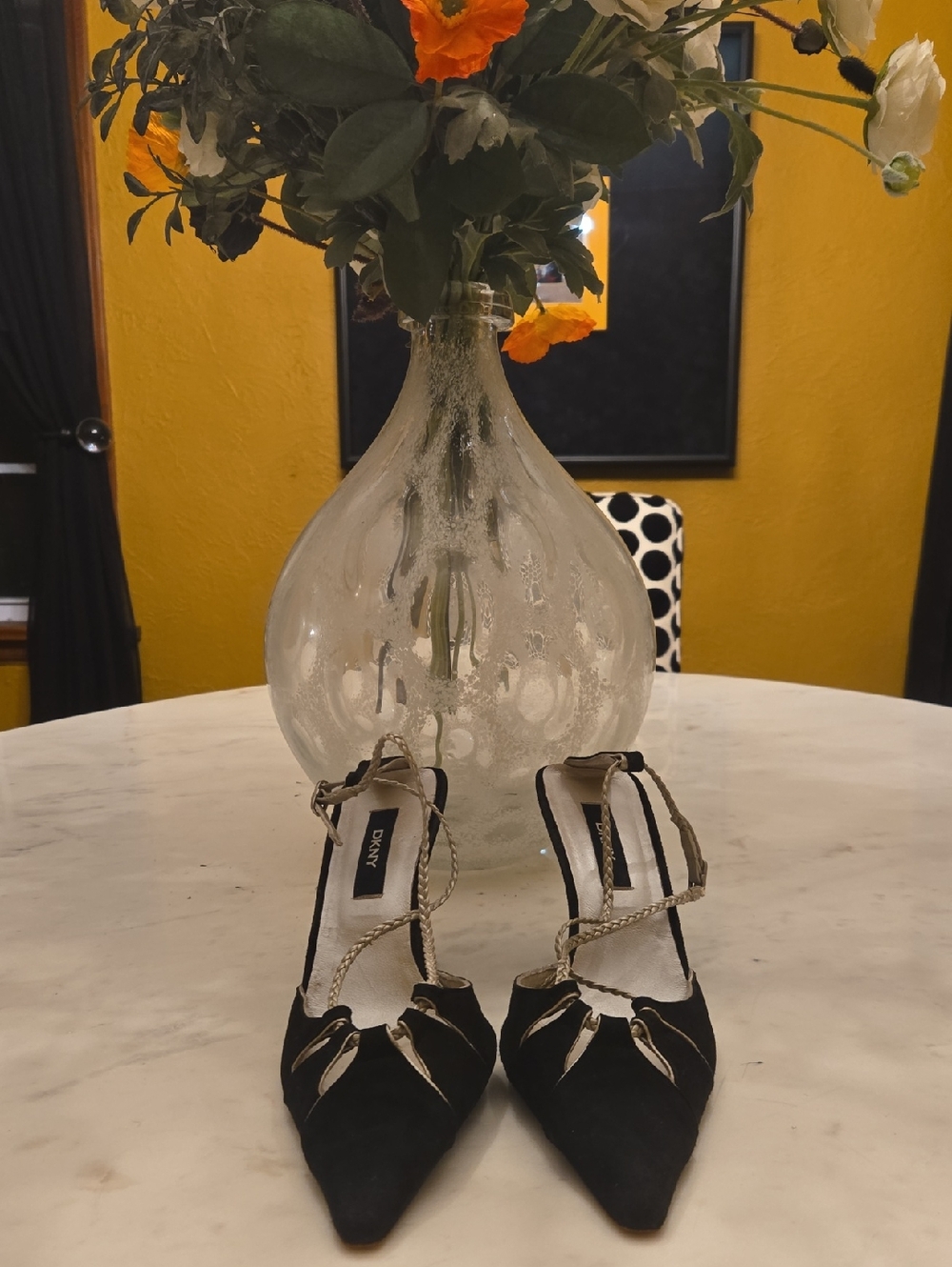 DKNY Black Pointed Toe Ankle Strap Pumps with Gold Accents